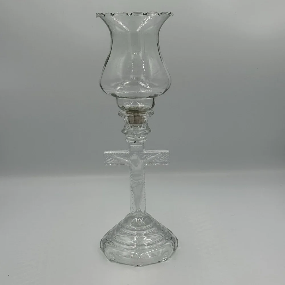 Vintage Homco Glass Jesus On The Cross Candle Holder With‎ Tulip